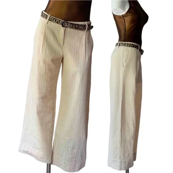 Bloomingdales pleated wide leg pinstripe cream linen pants trousers - size 6
